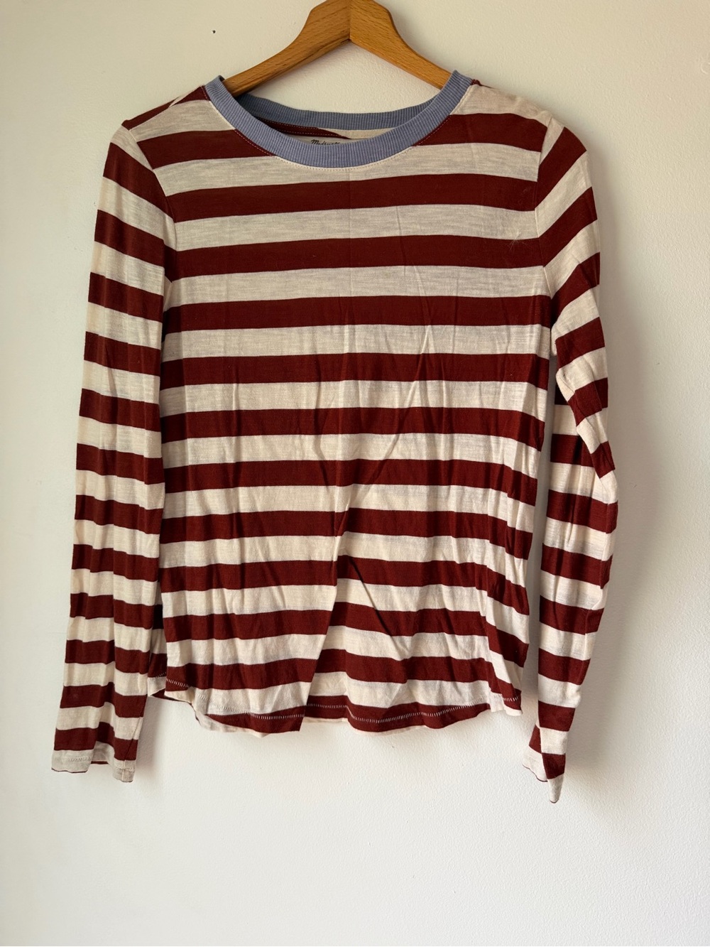 Madewell Womens Long-Sleeve Striped Tee in Burgundy, Cream & Blue Trim